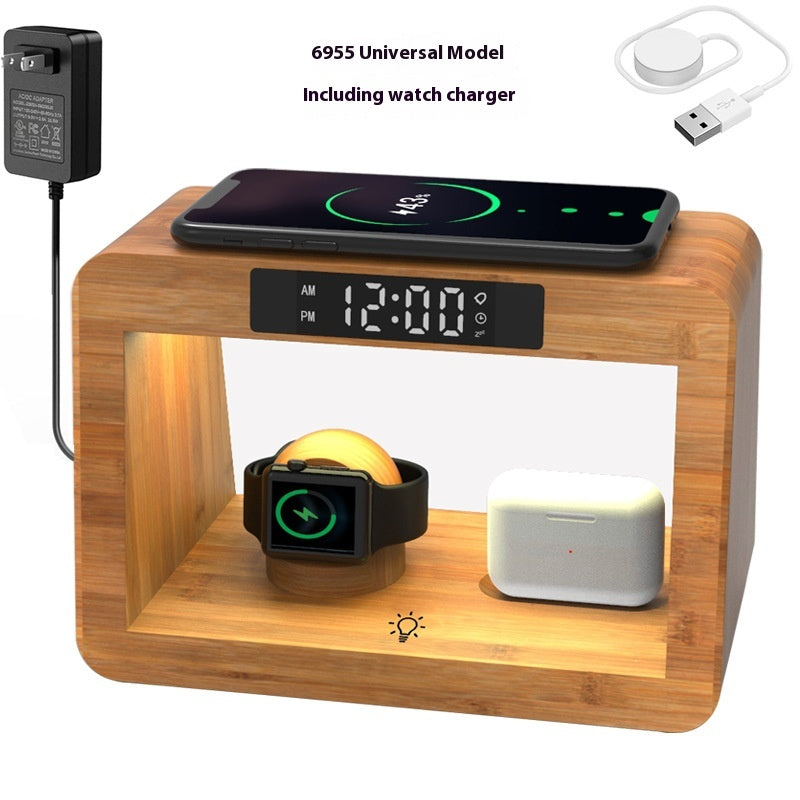 Color: 6955 With Watch Charger - Multifunctional Bamboo Table Lamp Alarm Clock Wireless Charger