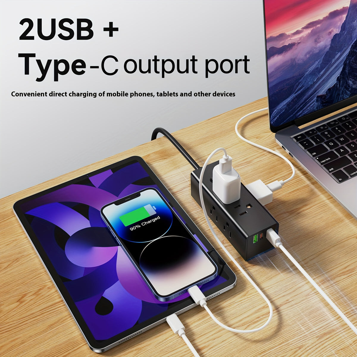 small and compact Black/white power strip, 3.9ft extension cord with 6 AC power outlets and 2 USB and 1 Type-C ports with flat corner plugs, convenient for travel, suitable for home/office