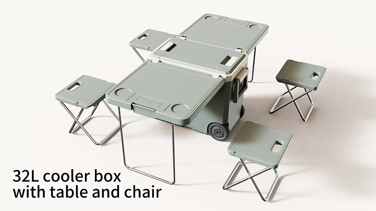 8.45gal Large Capacity Outdoor Cooler With Folding Table &amp; Chair Set - Waterproof, Portable Aluminum Insulated Box For Bbqs, Parties, Picnics, Camping &amp; Hiking