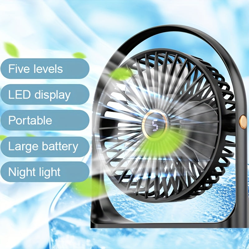 Portable LED Desk Fan with Night Light, 5-Speed Mini USB Table Fan, 360° Adjustable Tower Fan, LED Display, USB Charging, 1200mAh Rechargeable Lithium Battery for Home, Desktop &amp; Office Use