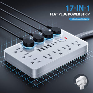 Flat Plug Surge Protector Power Strip, 5Ft Ultra Thin Extension Cord With 6 USB Wall Charger (2 USB Type-C), 11 Outlets Compact Desk Charging Station Wall Mount For Office, School