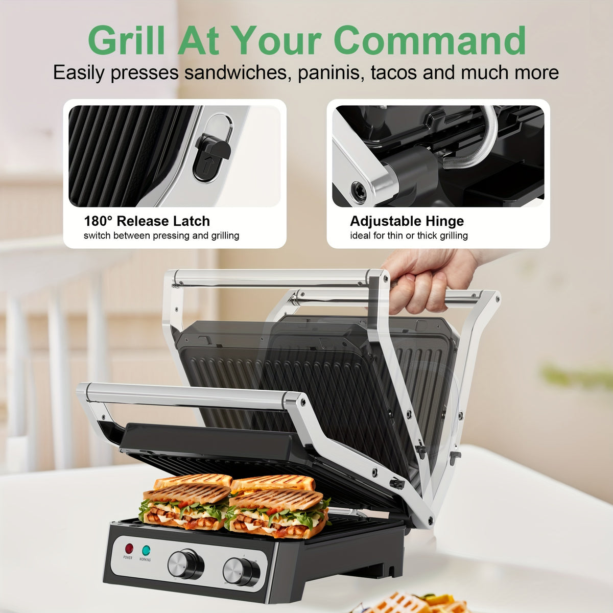 CACHOO Electric Panini Press Sandwich Maker, 1500W Indoor Grill with Non-Stick Coated Plates, Temperature Control &amp; Removable Drip Tray, Opens 180 Degrees to Fit Any Type/Size of Food