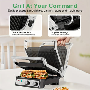 CACHOO Electric Panini Press Sandwich Maker, 1500W Indoor Grill with Non-Stick Coated Plates, Temperature Control & Removable Drip Tray, Opens 180 Degrees to Fit Any Type/Size of Food