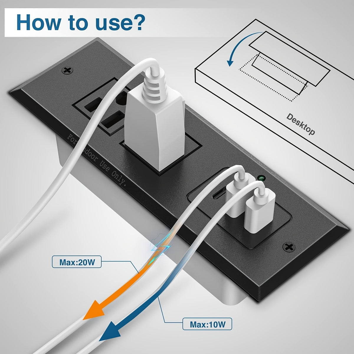 Type-C Conference Recessed Power Strip with 20W PD Fast Charging USB-C, 2 Outlets, 2 USB-A Ports &amp; 1 USB-C Port for Office Meeting Desk
