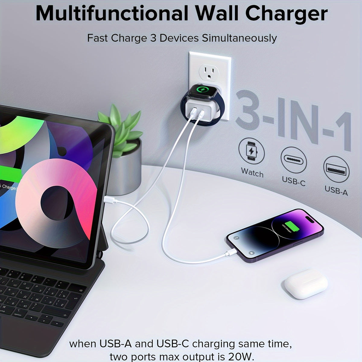 20W Multiport PD Fast Charging Block Cube - USB C Wall Power Adapter for Apple Watch, iPhone 11/12/13/14/15/Pro Max, XS/XR/X, iPad Pro, Samsung Galaxy and More (White)