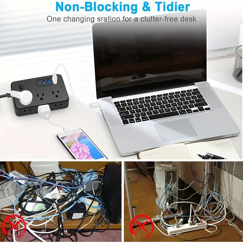 Ultra-Compact Power Strip with Individual Switch, 4 USB Ports (3 USB + 1 Type-C), 1.2m Cord, Universal Wall Mount, Black, 110-130V, US Plug