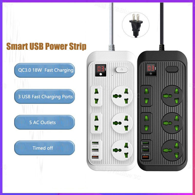 PC Power Strip Multi Plug with 5 AC Outlets QC3.0 18W 3 USB Fast Charging Ports Socket Adapter US UK EU AU Timer Power Socket