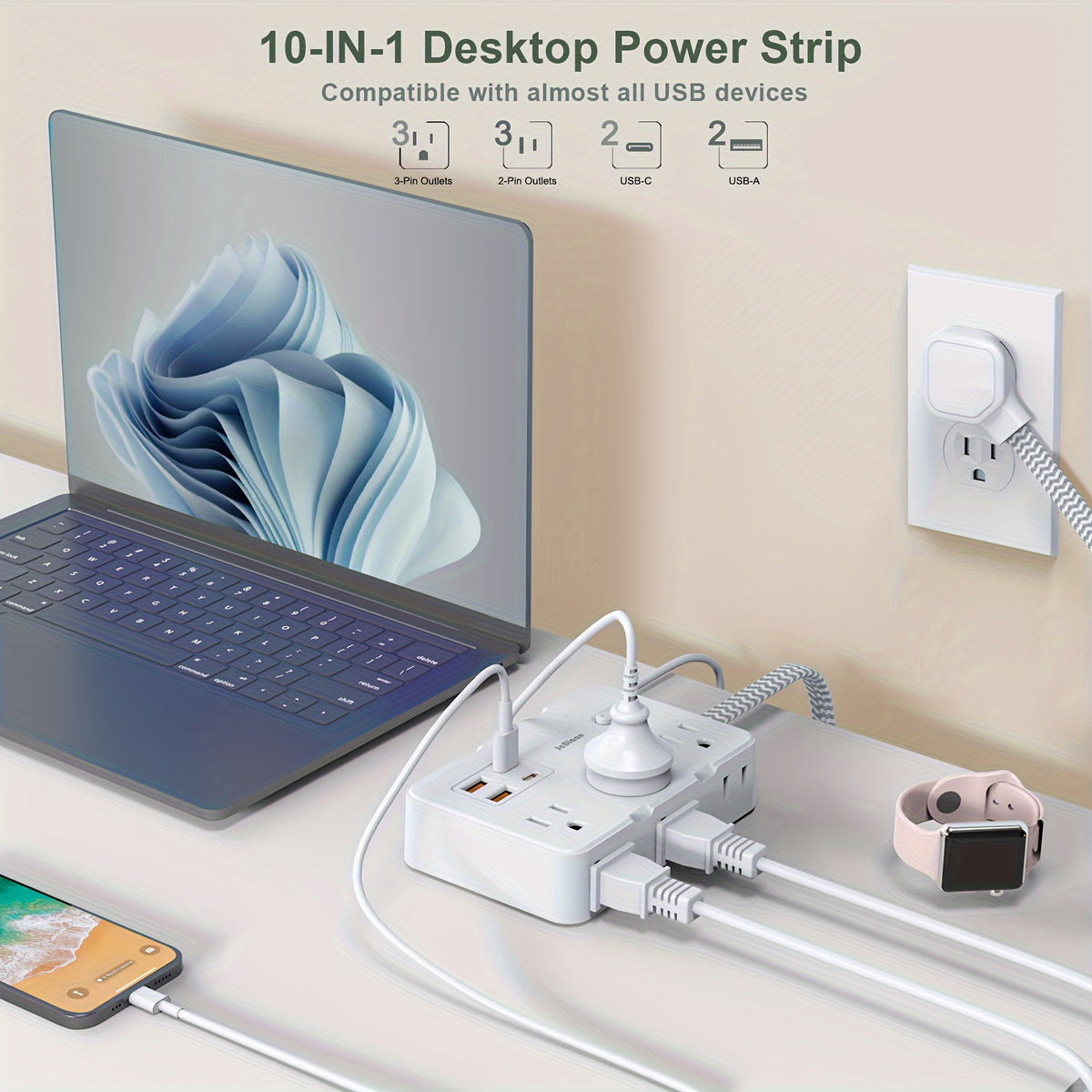 Flat Plug Power Strip Surge Protector - 6 Standard Outlets, 4 USB Charger (2 USB C), 5 Ft Braided Extension Cord, Rectangle, Mountable with On/Off Switch, 110V-130V, US Plug, Wall Mount for Office, School, Dorm, White