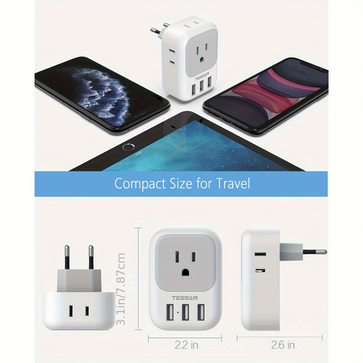 TESSAN European Travel Plug Adapter, International Power Plug With 4 AC Outlets 3 USB Ports, US To Most Of Europe Euro EU Italy Spain France Iceland Germany Greece Portugal Charger Adaptor, Type C