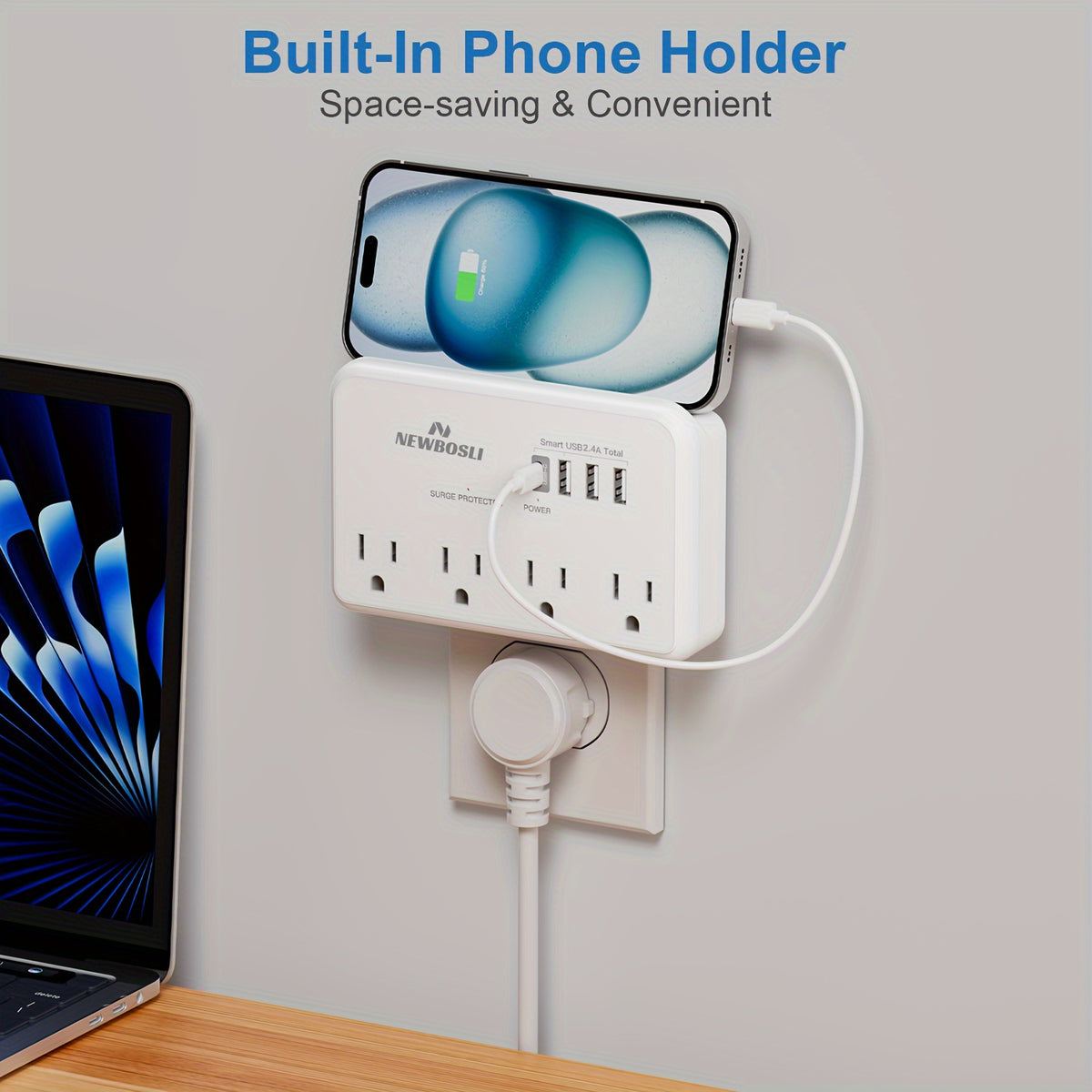 1080J Surge Protector Multi-Plug Outlet Extender – NEWBOSLI 3-Prong Wall Adapter With 4 AC Outlets &amp; 4 USB Ports (1 USB-C), Power Strip With Phone Holder, Ideal For Offices, Hotels, Bathrooms, And Living Rooms