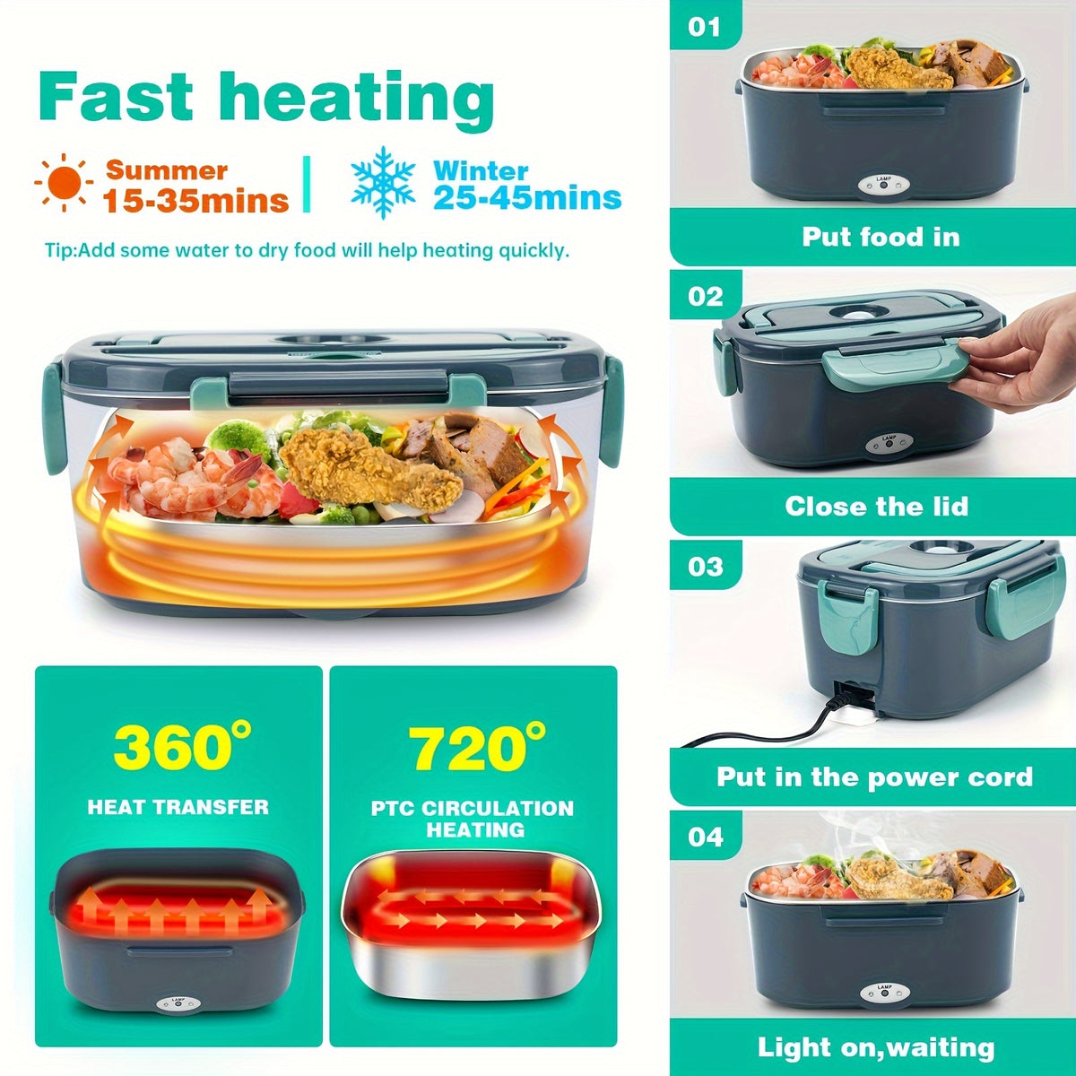 Electric Lunch Box Food Warmer, Portable For Car &amp; Home Leak Proof, Lunch Microwave Bento Box With Stainless Steel Container 50.72 Oz, 110V/12V/24V