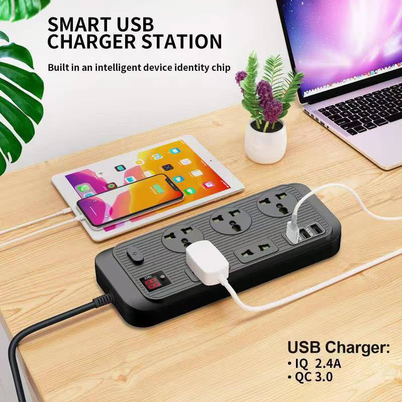 PC Power Strip Multi Plug with 5 AC Outlets QC3.0 18W 3 USB Fast Charging Ports Socket Adapter US UK EU AU Timer Power Socket