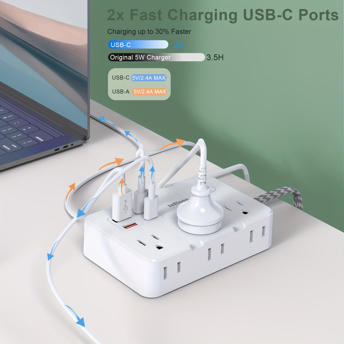 Flat Plug Power Strip Surge Protector - 6 Standard Outlets, 4 USB Charger (2 USB C), 5 Ft Braided Extension Cord, Rectangle, Mountable with On/Off Switch, 110V-130V, US Plug, Wall Mount for Office, School, Dorm, White