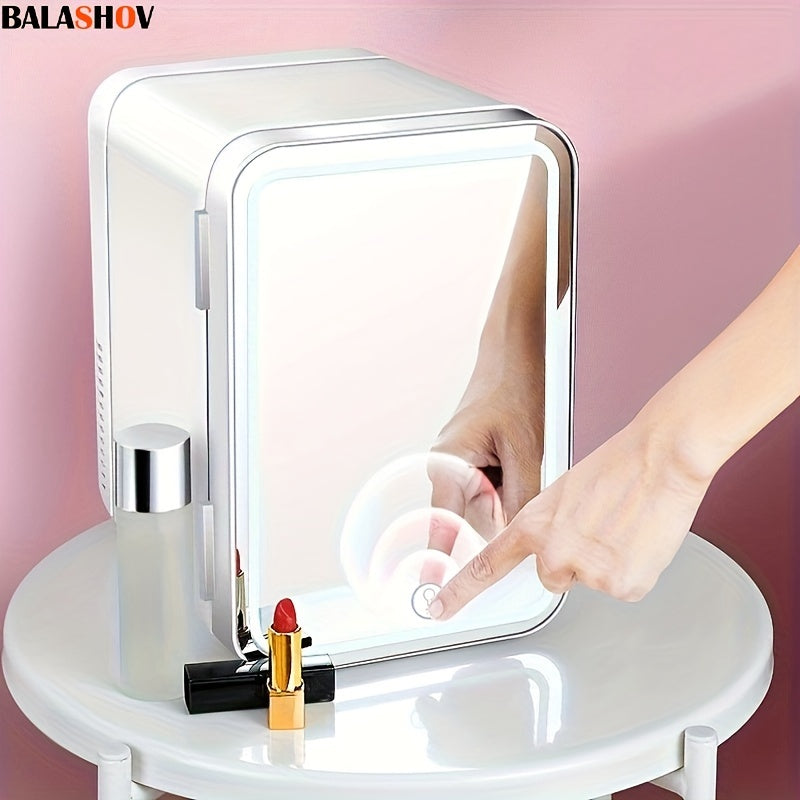 BALASHOV Mini Refrigerator and Personal Beauty Fridge, With Dimmable LED Mirror (4 Liter/6 Can), Cooler and Warmer, for Refrigerating Makeup, skincare and Food, Mini Fridge for Bedroom, Office and Car