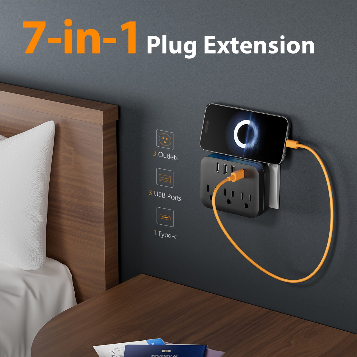 1pc Multi-outlet Power Extender With USB. Electrical Wall Outlet Splitter With 4 USB Ports (1-USB C) And 3 Outlets. Wall Charger Adapter Power Strip For Office, Bedside And Travel.