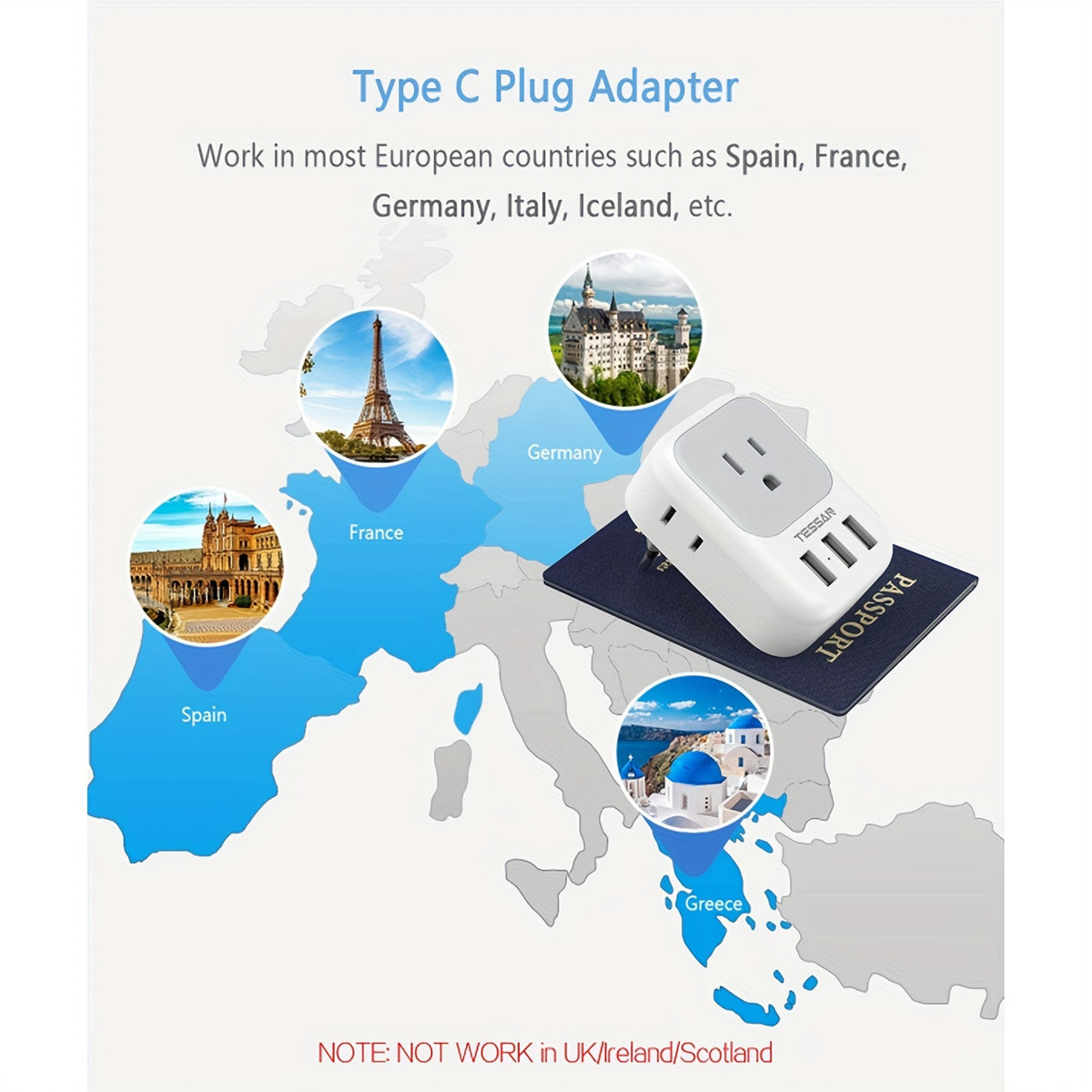 TESSAN European Travel Plug Adapter, International Power Plug With 4 AC Outlets 3 USB Ports, US To Most Of Europe Euro EU Italy Spain France Iceland Germany Greece Portugal Charger Adaptor, Type C